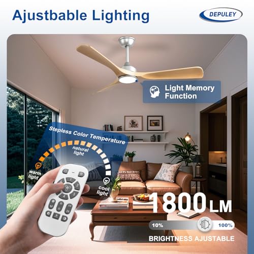 Image of Depuley 52-Inch Ceiling Fan with Light: Wood 3 Blade Outdoor Fans for Patios - Dimmable Indoor Fan with Remote APP Control Ultra Quiet DC Motor Reversible 6 Speed Timer