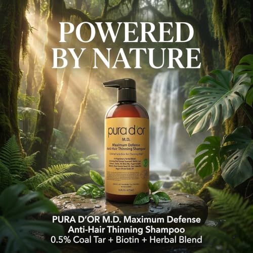 Image of PURA D'OR MD Anti-Hair Thinning Maximum Defense Shampoo - 0.5% Coal Tar, Biotin, Proprietary Herbal Blend For Dry & Itchy Scalp, No Sulfates - For Men & Women, Strong Coal Tar Scent 16 Oz