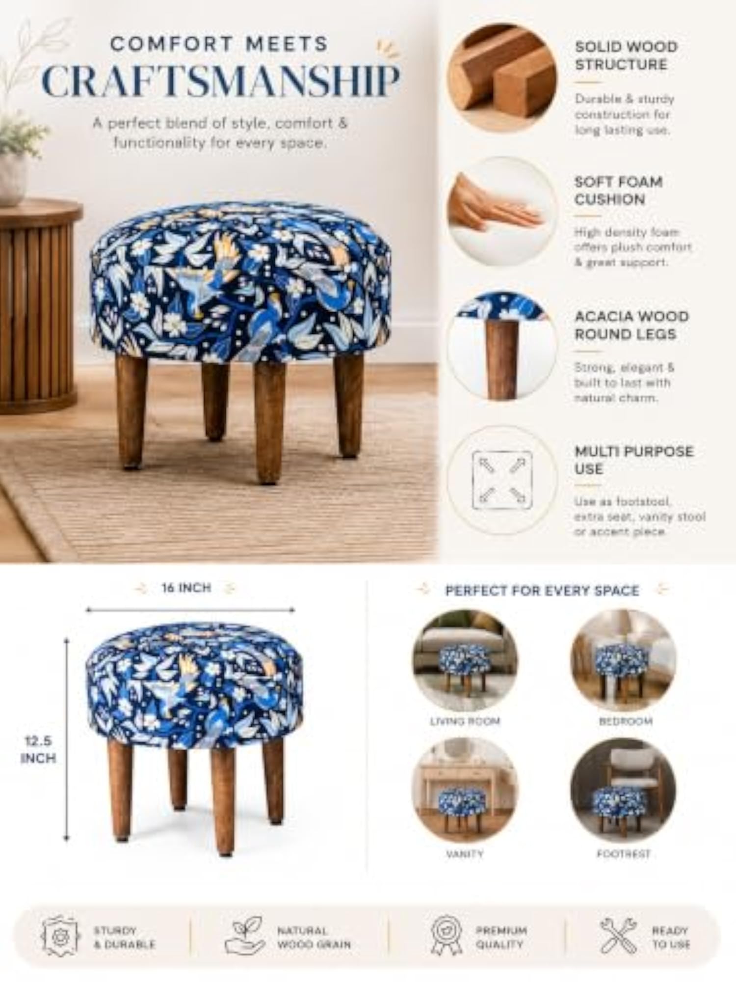 Multicolour Ottoman Stool with Soft Cushion Seat
