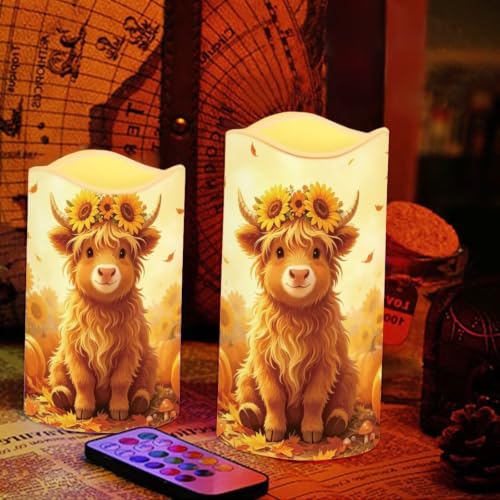 Image of Fall Highland Cow Flameless Candles Set of 4 with Remote Control | Thanksgiving Day LED Flameless Candle Set with Timer, Battery Operated Fake Candles for Kitchen Room, host gift