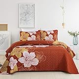 DJY 3-teiliges Terrakotta-Bettwäsche-Set, King-Size, goldfarbenes Blumenmuster, Boho-Blumenmuster, Tagesdecke mit 3 Kissenbezügen, für alle Jahreszeiten, 264,2 x 228,6 cm