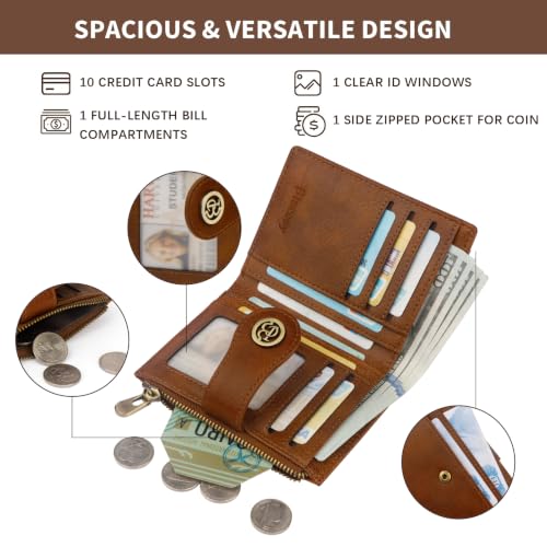 Image of Leather Wallet Women,RFID Blocking Small Wallet for Women Bifold Compact Slim Card Holder Wallet With Zipper Coin Pocket(Deepbrown)