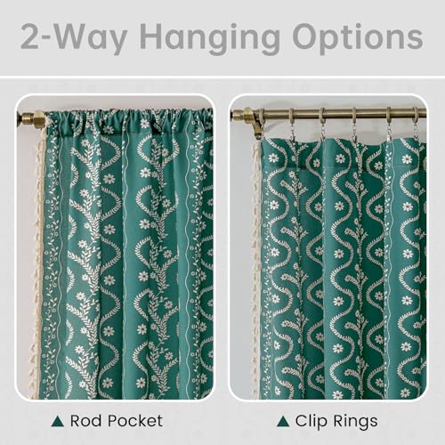 Image of Boho Curtains 45 Inch Long for Living Room, Bedroom, 2 Panels Floral Farmhouse Vintage Tassel Semi Sheer Light Filtering Privacy Window Curtain Drapes with Rod Pocket