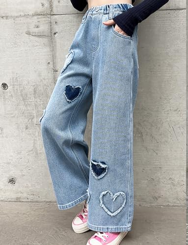 SEAUR Girl Denim Jeans Wide Leg Pants Elastic Waisted Loose Casual Pants Kid Classic Blue Jeans Children Trousers for 5-15 Y3