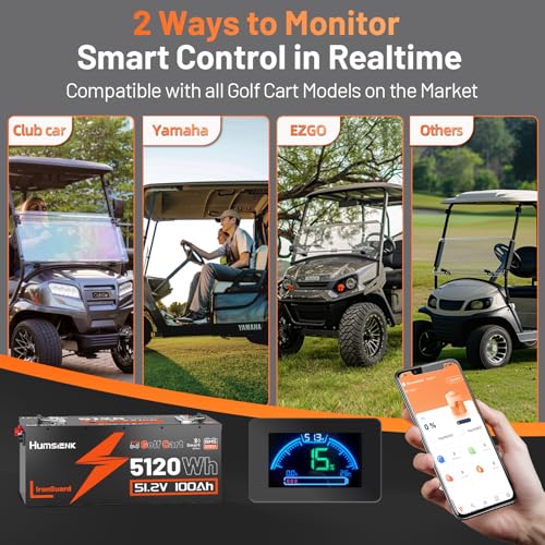Image of HumsiENK 48V 100Ah Lithium Golf Cart Battery with 58.4V Charger, LiFePO4 200A BMS (410A Peak), Bluetooth & LCD, Metal Casing, Drop-in Replacement for EZGO, Club Car, Yamaha, Off-Grid Solar
