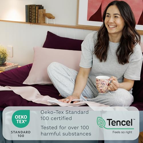 Image of Olive + Crate Tencel Lyocell Eucalyptus Queen Size Sheet Set - Cooling Tencel Sheets for Hot Sleepers with 18 Inch Deep Pocket Fit - Dusk 4-Piece Set