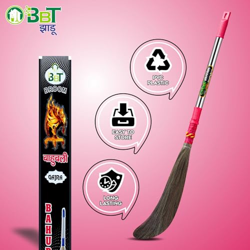 Image of BBT Phool Jhadu | Natural Grass Broom Stick for Home Cleaning | Eco-Friendly Long Handle Jhadu | Anti Dust, Lightweight & Durable Pack of- (1, BAHUBALI GAJRA)