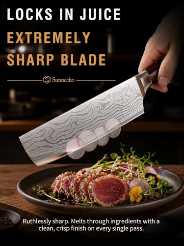 Image of Sunnecko Nakiri Knife - 7 inch Kitchen Knife for Meat Cleaver and Vegetable Chopping, 12 Edge Razor Sharp High Carbon Stainless Steel Asian Chef Knife with Sheath, Kitchen Gift for Home Cooks Men