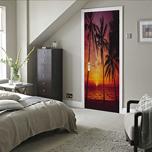 A.Monamour Sticker Porte Autocollant Poster De Porte 3D Palmiers Silhouette Sur Coucher De Soleil Plage Tropicale Nature Paysage Vinyle Affiche De Porte Sticker Mural Art Décor 90 x 200 cm