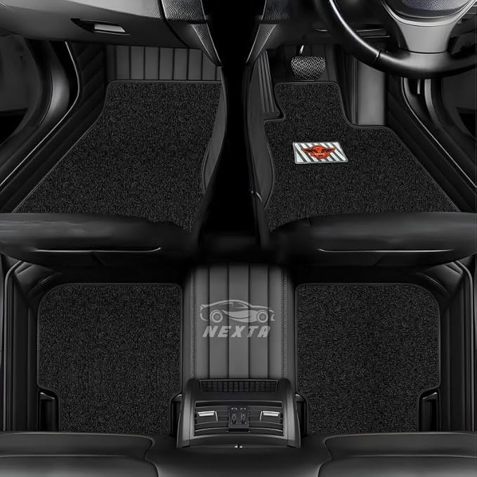 Image of Premium 12D Car Foot Mat for Mahindra XEV 9S EV -7 Seater (All 3 Rows) Complete Set| Luxury Leather | Double Layered | Waterproof and Washable | Custom Fit | Detachable Grass Mat | Full Black