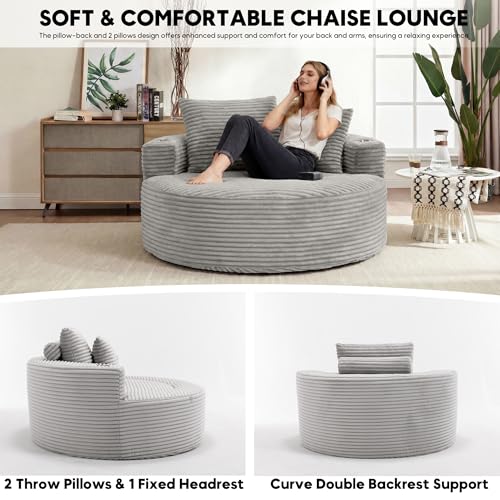 Image of Oversized Round Chair Lounge Chaise Indoor, 55.5 inch Upholstered Corduroy Deep Seat Single Cloud Sofa Chair with Cup Holder, Modern Large Circle Boneless Sleeper Sofa for Living Room, Light Grey