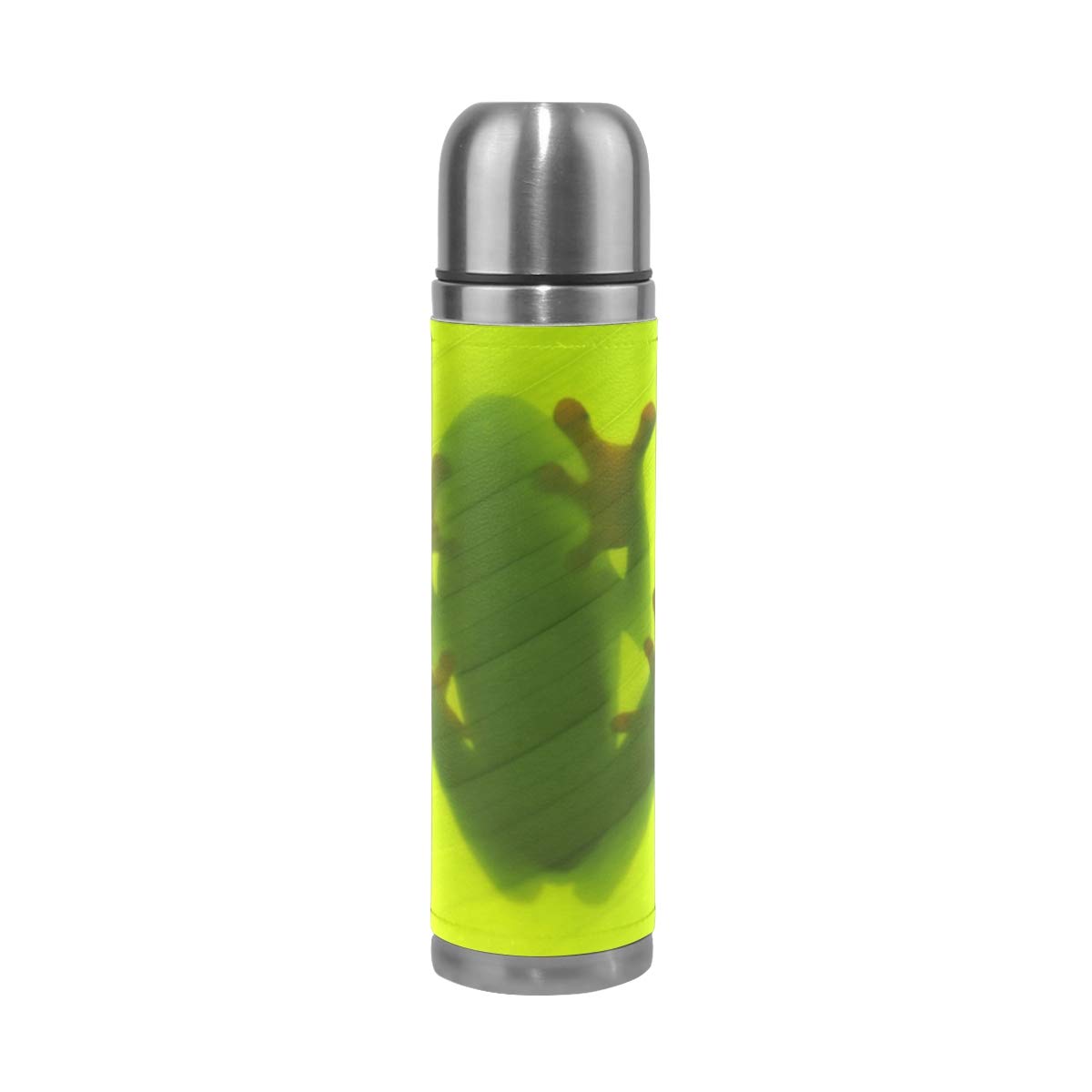 Taza de viaje de acero inoxidable con aislamiento al vacío, doble pared, a prueba de fugas, color verde, hoja de plátano, diseño de rana, personalizable con estampado de piel auténtica, 500 ml