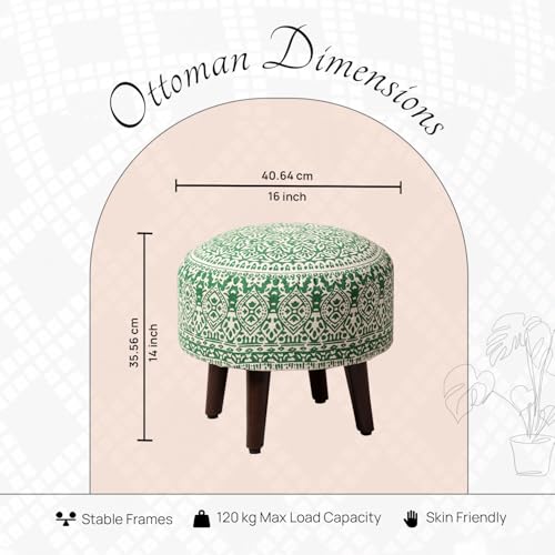 Image of nestroots Wooden Ottoman Stools for Living Room | Printed Poufes for Sitting, Foot Rest with 4 Wooden Legs | 14 Inch Height, Green | Stylish & Comfortable Furniture for Home Decor
