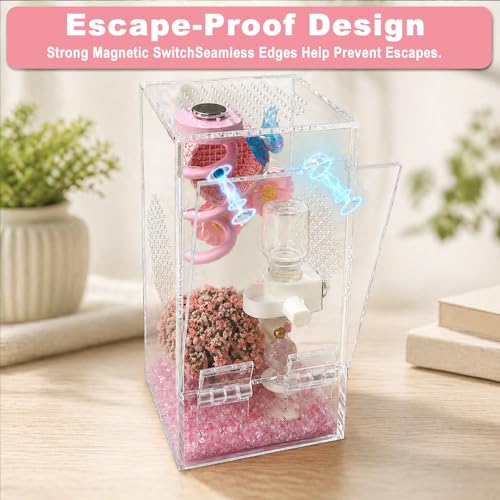 Image of Jumping Spider Enclosure,DIY Insects Habitat,Small Reptile Terrarium Glass House Accessories Set,with Jumping Platform Hide Water Feeder (Pink B)