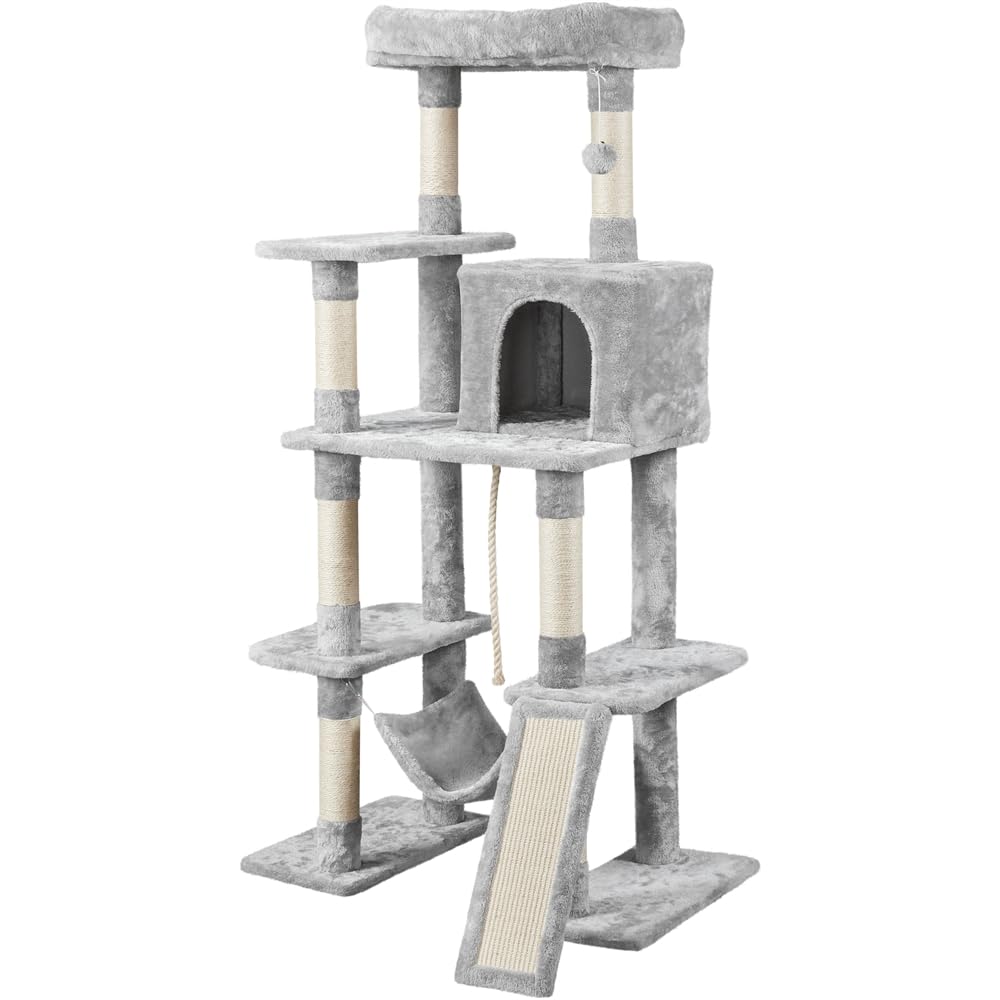 Tiragraffi per Gatti Alto 160 cm Albero per Gatti in Peluche Multilivello con 1 Grotta 2 Trespoli 1 Amaca 1 Pompon Grigio scuro