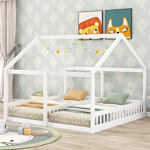 P PURLOVE Double Twin Bed for 2 Kids,Double Twin Size Shared Bed with Fence Railings,Two Twin Floor Bed Frame with Roof or Kids,Teens,Boys & Girls,White