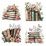arricraft 4 Stück Bücher Thema Wärmeübertragungsfolie Logo Aufkleber Set 4 Stile Bücher Blumen Schmetterling Wärmeübertragung Aufkleber Eisen Auf Aufkleber Für T Shirts Patches Taschen Hüte DIY