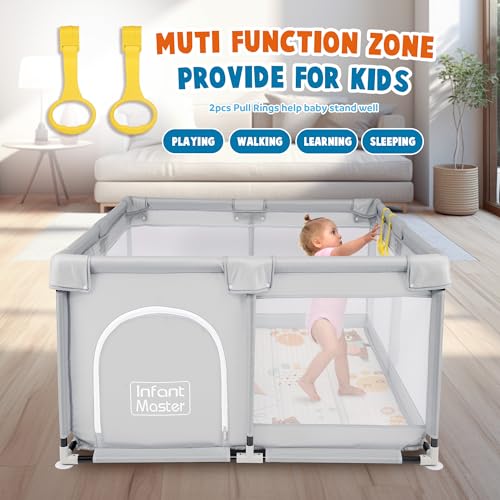 Image of Grey Baby & Toddler Playpen, 49''x49'', Portable with Mat & Ring, Safe Foam Cover, External Zipper, Suitable for Kids Under 3 Years