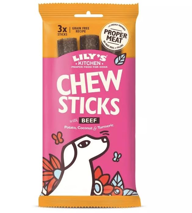 Lilys Kitchen Dog Treats, Chew Sticks, Grain Free Natural, Dental Dog Treats, Pack of 3 x 120g (Total of 9 Chews) (3, Beef)