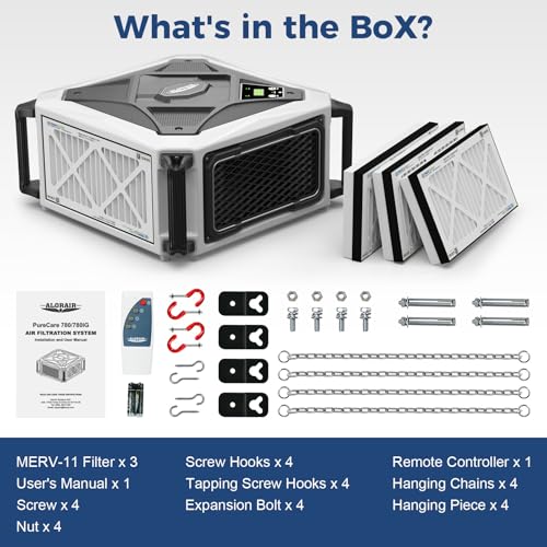 ALORAIR Hanging Intake Air Filtration Systems Woodworking 2 Stage Air Flow (580/780CFM) Remote Control, Shop Dust Collectors with Strong Vortex Fan for Garage, Work Shop, Home Use, Purecare 780