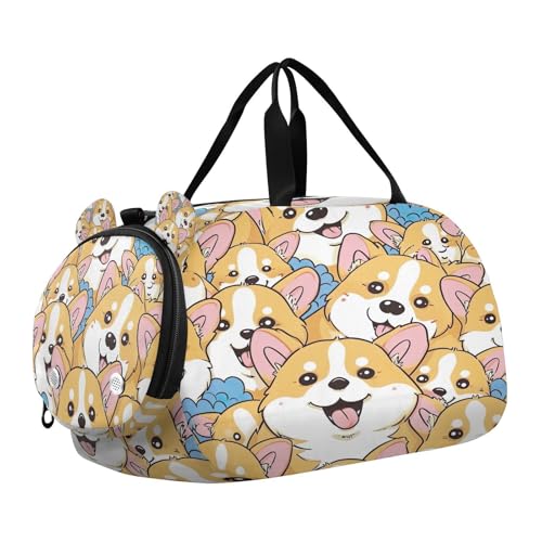 YETTASBIN Sport Travel Duffel Bag for Girls Boys, Corgi Dog Large Waterproof Weekender Overnight Bag, Detachable Shoulder Strap Gym Bag with Shoe Compartment & Wet Pocket