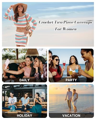 Bsubseach Womens Crochet Swimsuit Cover Up 2 Piece Bathing Suit Cover Up Hollow Out Crop Top Beach Mini Tie Skirt Coverup Set3