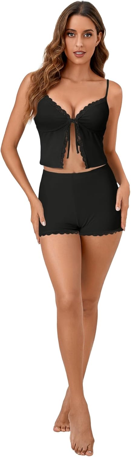 KIFOVEN Women’s Pajamas Set 2 Pieces Cami Crop Top Shorts Pjs Lace Trim Tie Front Sleepwear Lingerie Set - Image 6