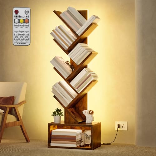 Image of Hoctieon 6 Tier Tree Bookshelf, Tall Bookcase, Freestanding Book Shelf with LED Lights, Display Floor Standing Storage Shelf, Book Organizer Shelves for Home Office, Living Room, Rustic Brown