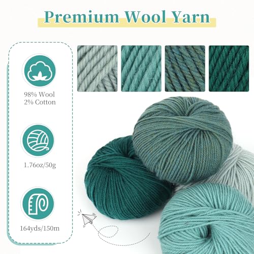 Image of Coopay Yarn for Crocheting, 12 Premium Wool Yarns | 60% Wool 40% Polyester, 1.76oz, 164yds - #3 DK Crochet Yarn for Clothes, Scarves, Blankets, Shawls (Green Family)