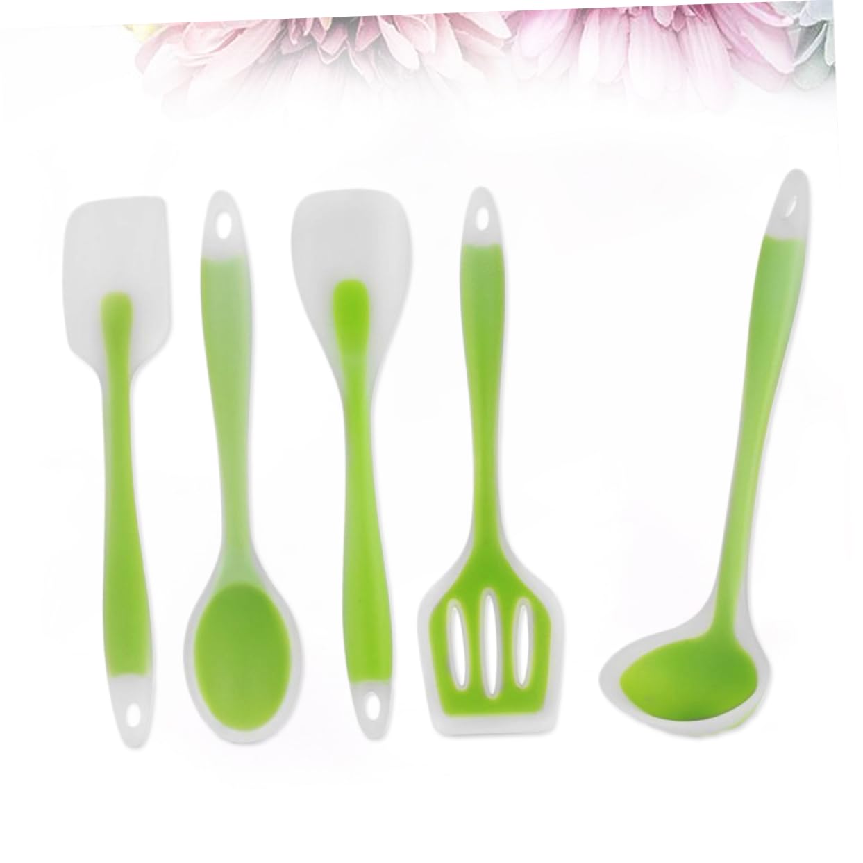 5pezzi Utensili Da Cucina Silicone Strumenti Antiaderenti e Resistenti Al Calore Cucchiaio Da Mischiare Mestolo Per Zuppa Spatola e Cucchiaio Per Insalata Verde Traslucido