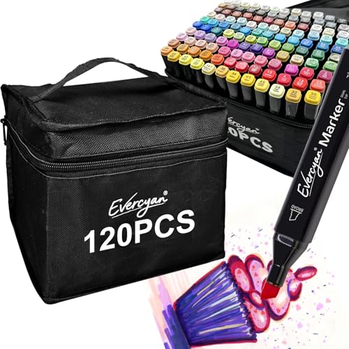 120 Alkohol Marker Set mit Gitter Doppelspitziges Farben Alkoholmarker mit Tragbare Aufbewahrungstasche Schnelltrocknend leuchtende Farben für Malerei Skizzen Design und Comic-Zeichnungen
