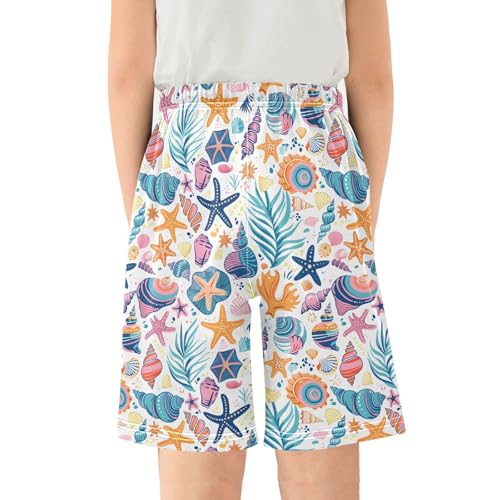 ALAZA Shell Palm Leaves Starfish Cartoon Pajama Shorts Elastic Waist Casual Sleep Shorts with Pockets Size 6-142