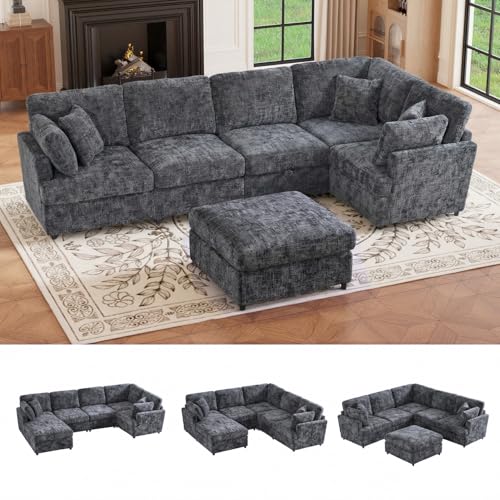 Image of 122.6 inch Chenille Modular Sectional 6 Seater Sofa, Deep Seat Couch with Ottoman & Removable Covers, Free Combination Modern Couch, L /U Shaped Modular Sectional Sofa, for Living Room, Apartment, Grey