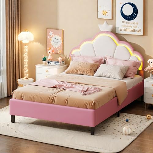 Lit Princesse 140x200 en Forme de Couronne, LED Lit Enfant avec Tête Lits rembourrée réglable, Lits 1 Place pour Ado et Fille, Rose Velours, sans Matelas