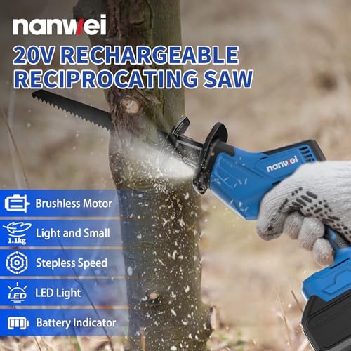 NANWEI Reciprocating Saw 20V, Brushless Motor,Cordless Reciprocating Saw with 2PCS Batteries & Charger, 0-3500 SPM Variable Speed Electric Saw, with 6PCS Saw Blades for Wood Metal PVC Cutting 2 NANWEI Reciprocating Saw 20V, Brushless Motor,Cordless Reciprocating Saw with 2PCS Batteries & Charger, 0-3500 SPM Variable Speed Electric Saw, with 6PCS Saw Blades for Wood Metal PVC Cutting - Image 2