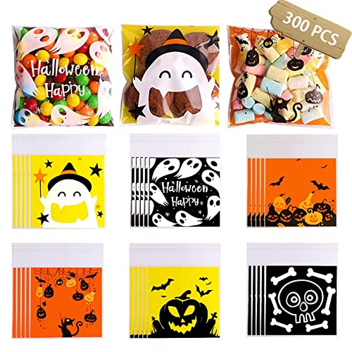 300 bolsas de celofán para Halloween, bolsas de caramelo, autoadhesivas, transparentes, bolsas de regalo de plástico para Halloween, fiestas, favoritos, artículos de regalo, caseros (6 tipos) Cover