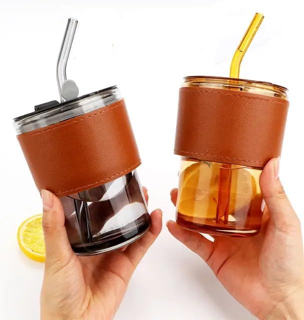 Leora® Glass Sipper with Straw & Lid 435 Ml,Glass Cup with Leather Sleeve Straw & Direct Drinking Mouth,Summer Travel Mug Leak Proof Lid Tumbler Coffee,Tea, Juice, Milk Beverages Mug for All (2) (B0DG35RGJL) Amazon Price History, Amazon Price Tracker