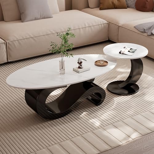Duży owalny stolik kawowy z blatem z płyty skalnej, Mid Century Modern Asymetryczny design S Base Steel Frame Low Side Table for Living Room Bedroom Office Decor