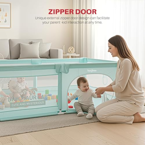 Image of Baybee 180 x 150 Cm Nestoria Kids Playpen for Babies | Kids Activity Playards with Corner Protection | Baby Play Area Indoor Setup with Zipper Door & Toys Pouch | Outdoor play pen for baby for 0 - 5 years Boys Girls (Green)