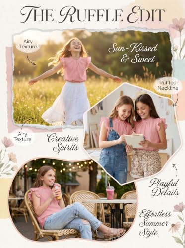 Image of Arshiner Girls Ruffle Short Sleeve Shirts Cute Summer Frill Neck Pleated Textured Blouse Tops