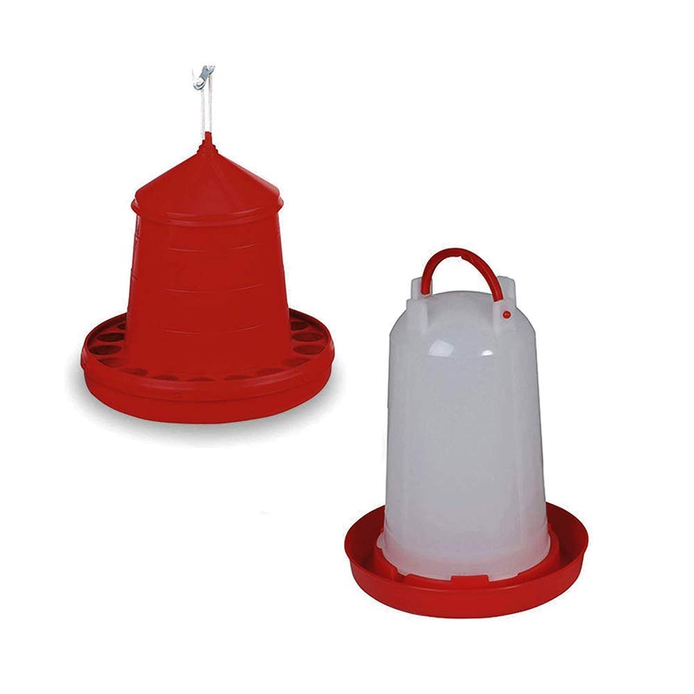 Pack Comedero de 2 kg y Bebedero de 3 L para Gallinas y Otras Aves de Corral - Plástico Muy Resistente y Duradero | Apto para Jaulas y Gallineros | Tolva y Bebedero para Colgar o Dejar en el Suelo