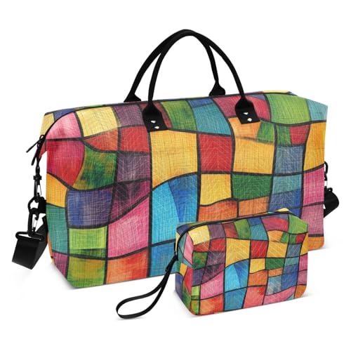 Bolaz Duffle Bag for Travel-Colorful Geometry Weekender Overnight Bag with Wet Pocket for Women，Large Carry On Airport Bag with Toiletry Bag