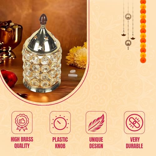 Image of Klassic Decor Brass and Crystal Horizontal Shape Akhand Diya /Table Deepak /Oil Lamp with Plastic knob, Medium Size (Pack of 1, Golden)