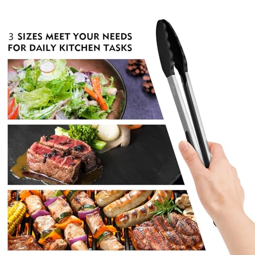Image of HOTEC Stainless Steel Kitchen Tongs with Silicone Tips, Set of 3-7 inch,9 inch &12 inch
