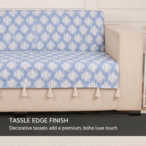 Image of STITCHNEST 'Verdant Ikat Stories' 2 Seater Sofa Cover - Full Coverage| Elegant Jacquard Fabric, Decorative Tassels, Washable & Durable for Modern Living