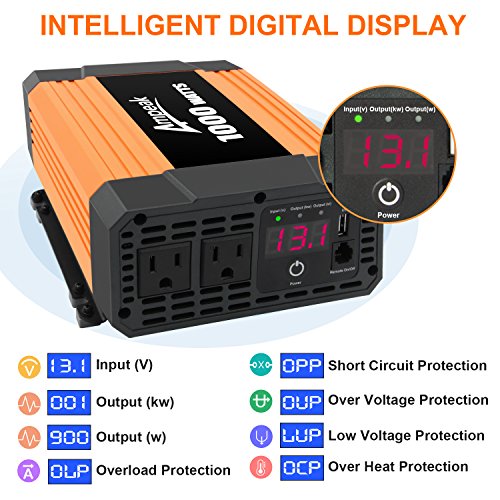 Ampeak 1000W Power Inverter Truck/RV Inverter 12V DC to 110V AC Converter with Dual AC Outlets 2.1A USB Modified Sine Wave Inverter