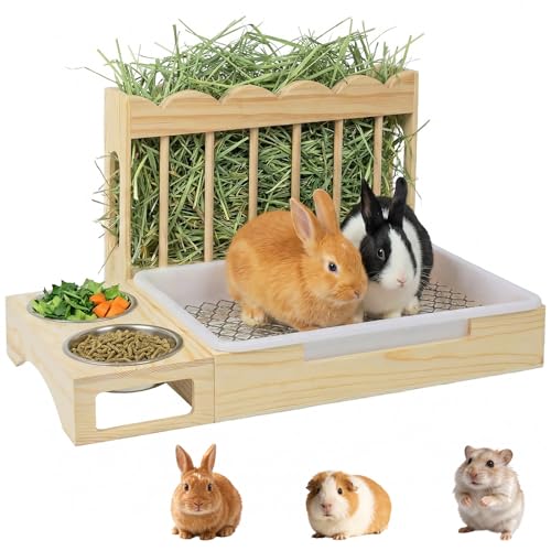 3-in-1 Wooden Rabbit Hay Feeder with Litter Box for Rabbits & Small Pets