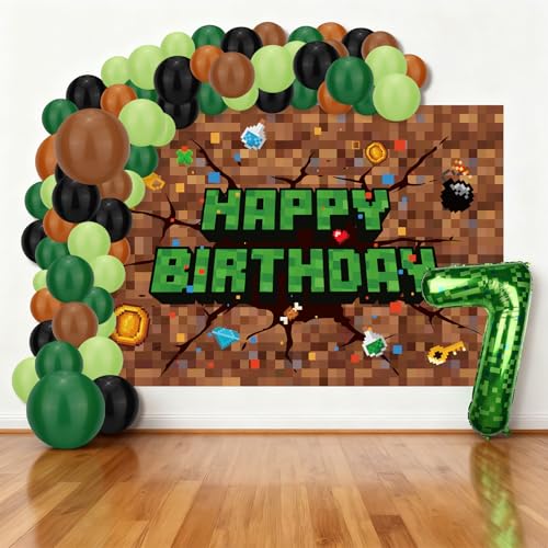 SAVITA Kit Guirnalda Globos Pixelados, Temática Videojuegos Decoración para Fiestas de Cumpleaños de Niños Incluye Pancarta Fondo 150x100 cm y Globo Numérico (7)