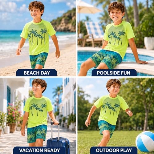 Image of Big Chill Boys Swim Set - 2 Piece Quick Dry UPF 50 Short Sleeve Rash Guard for Boys and Swim Trunks - Swimwear Set for Kids