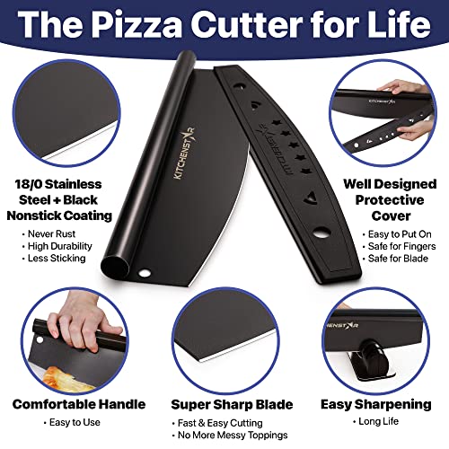 Image of 18aa‚¬A Black Non-Stick Pizza Cutter by KitchenStar | Sharp Stainless Steel Slicer Knife - Rocker Style w Blade Cover | Chop and Slices Perfect Portions + Dishwasher Safe aa‚¬a€oe Premium Pizza Oven Accessories